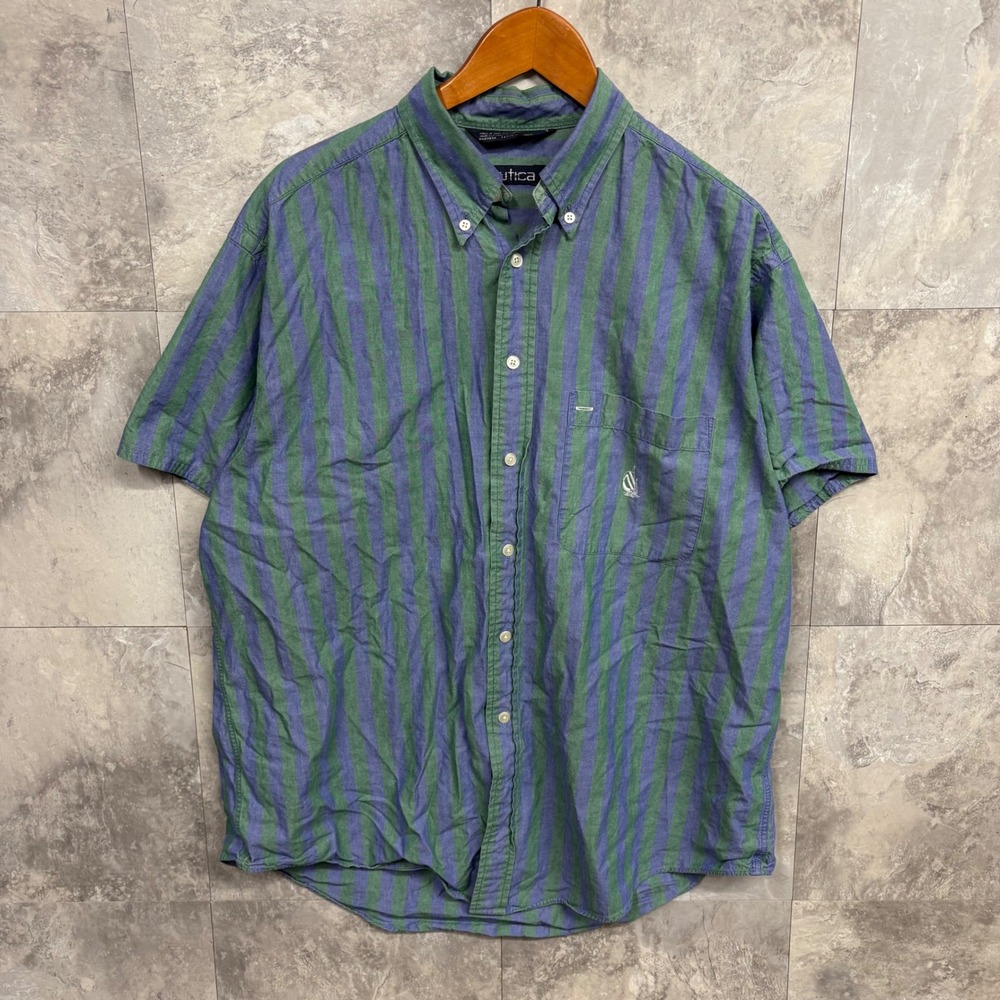 Nautica Mens Large Green Blue Striped Short Sleeve Button Down Cotton Shirt